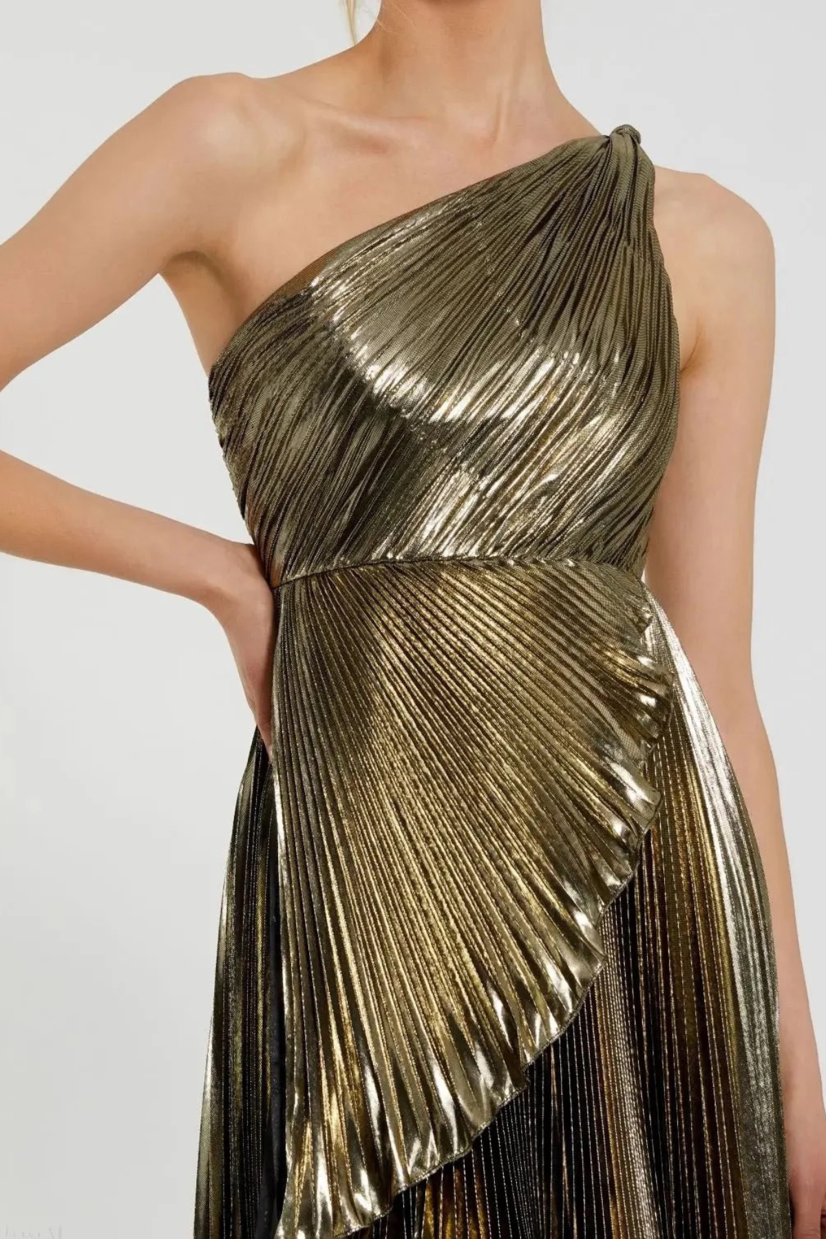 Gustavn One Shoulder Metallic Pleated Maxi Dress