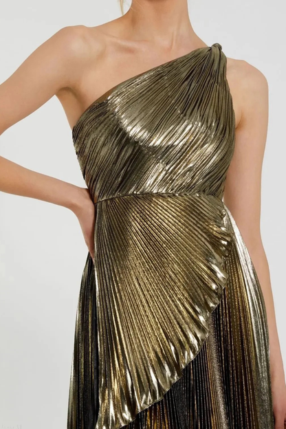 Gustavn One Shoulder Metallic Pleated Maxi Dress