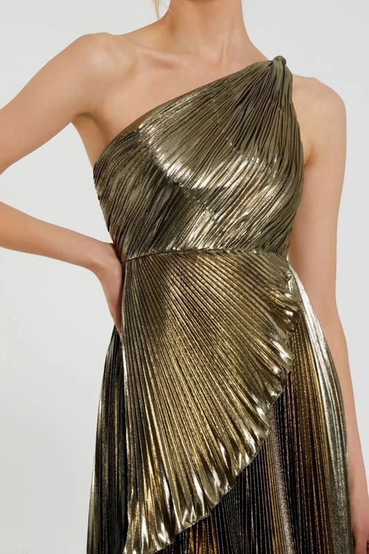 Gustavn One Shoulder Metallic Pleated Maxi Dress