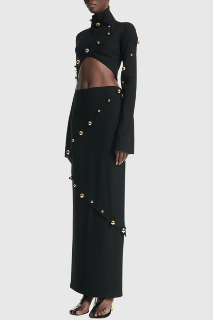 Gwyly Buttoned Embellished Top & Skirt Set
