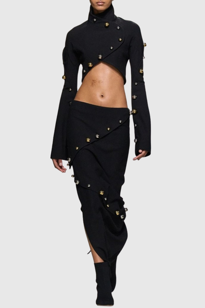 Gwyly Buttoned Embellished Top & Skirt Set