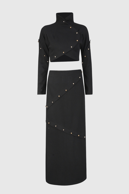 Gwyly Buttoned Embellished Top & Skirt Set