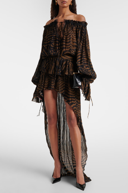 Hacint Zebra Asymmetric Ruffle Mini Skirt - Brown