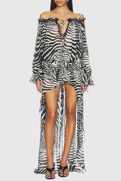 Hacint Zebra Asymmetric Ruffle Mini Skirt - White