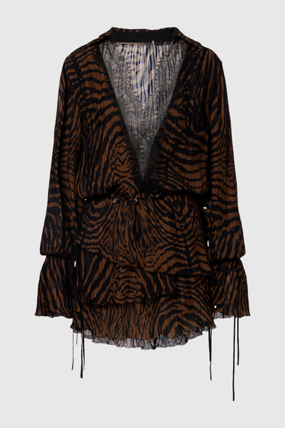Hacint Zebra Lace Ruffle Mini Dress - Brown
