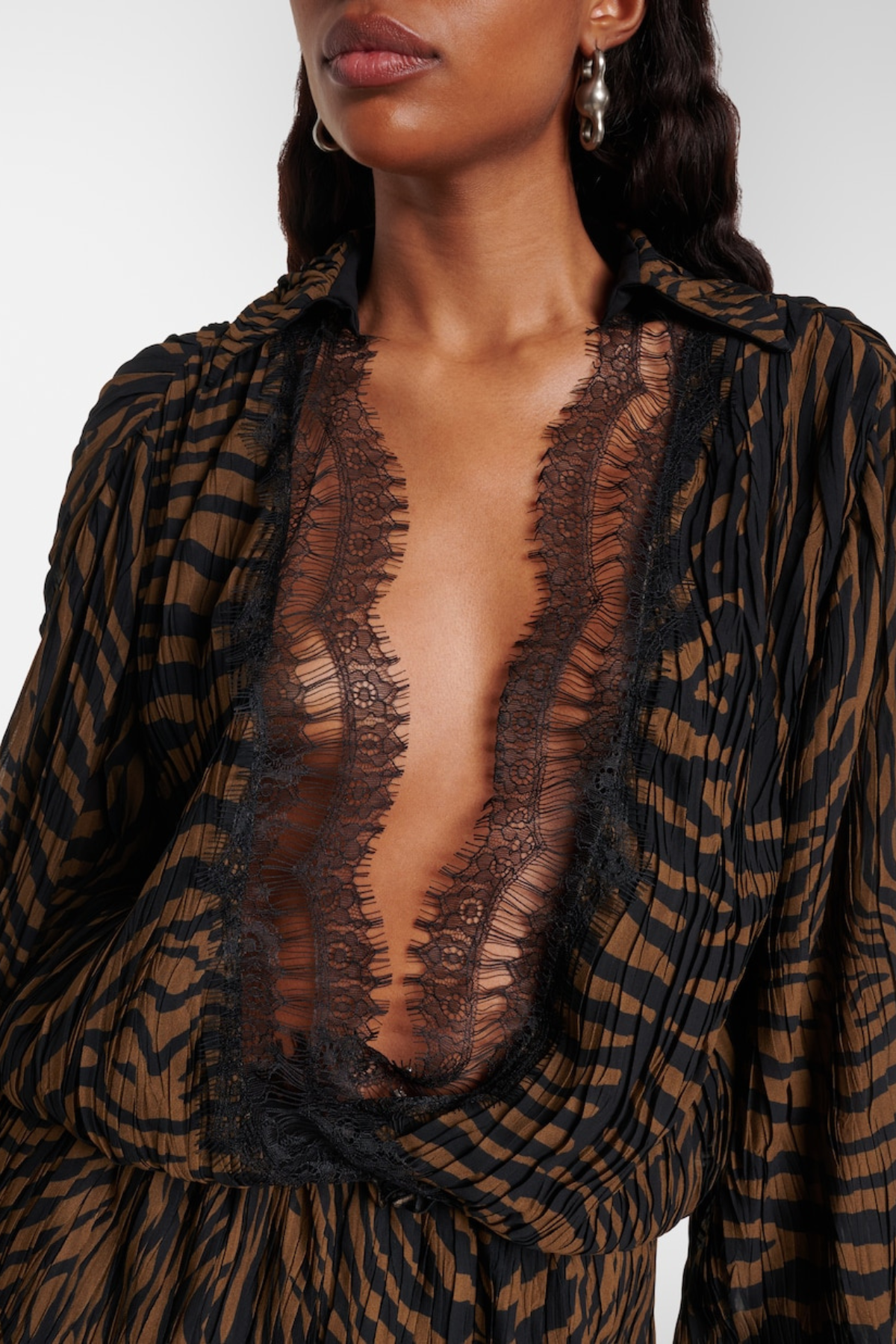 Hacint Zebra Lace Ruffle Mini Dress - Brown