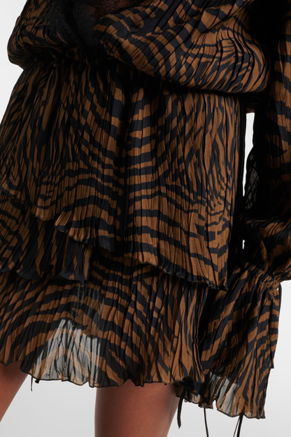 Hacint Zebra Lace Ruffle Mini Dress - Brown