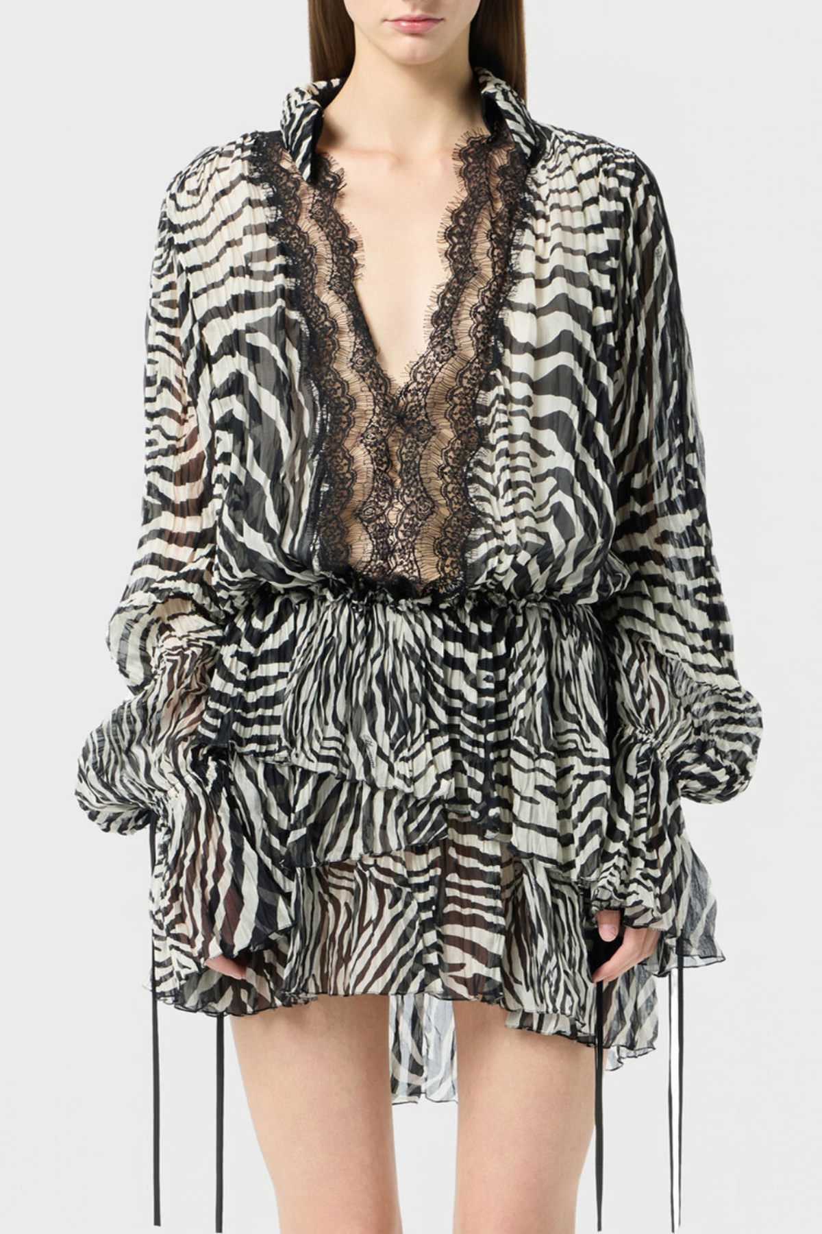 Hacint Zebra Lace Ruffle Mini Dress - White