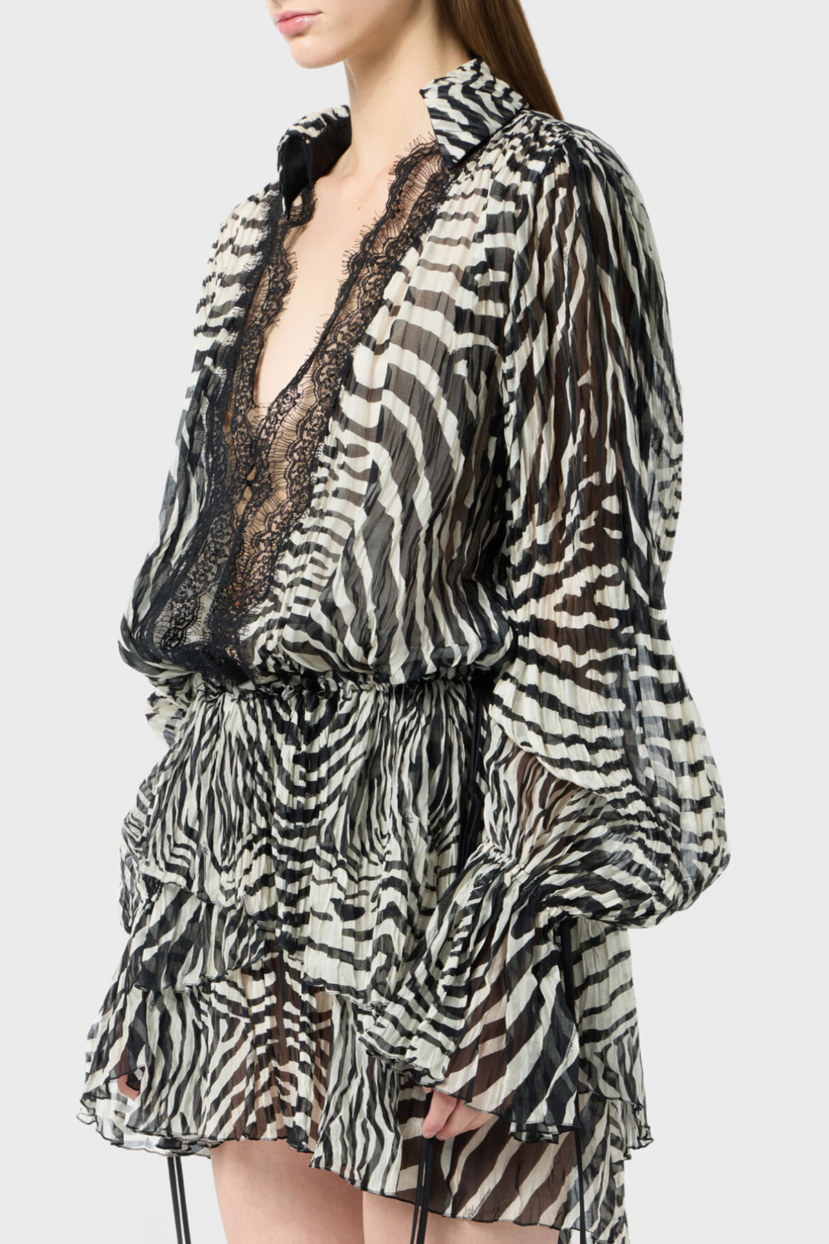Hacint Zebra Lace Ruffle Mini Dress - White