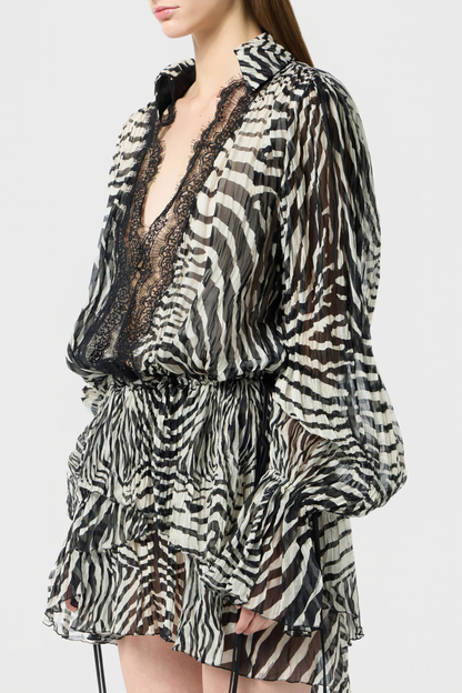 Hacint Zebra Lace Ruffle Mini Dress - White