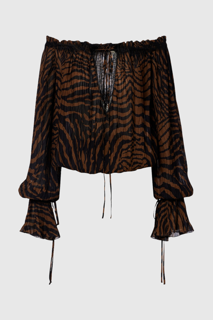 Hacint Zebra Off Shoulder Lace-trim Top - Brown