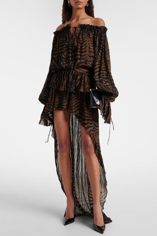 Hacint Zebra Off Shoulder Lace-trim Top - Brown