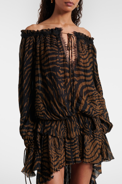 Hacint Zebra Off Shoulder Lace-trim Top - Brown