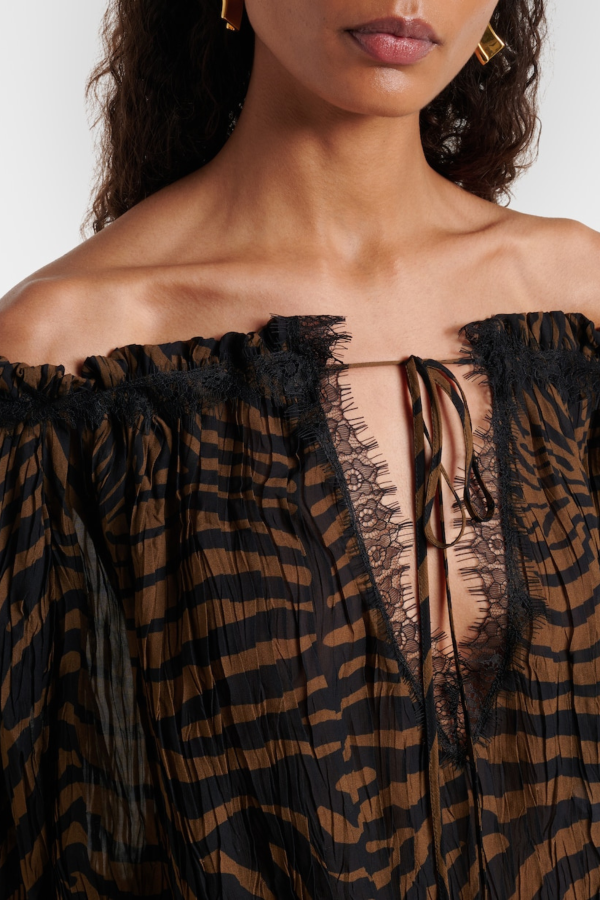 Hacint Zebra Off Shoulder Lace-trim Top - Brown
