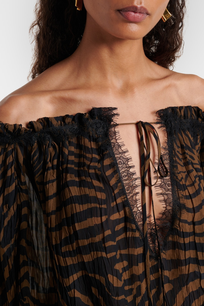 Hacint Zebra Off Shoulder Lace-trim Top - Brown
