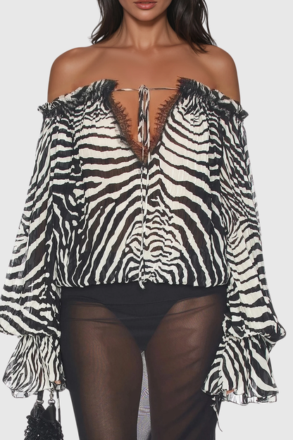 Hacint Zebra Off Shoulder Lace-trim Top - White