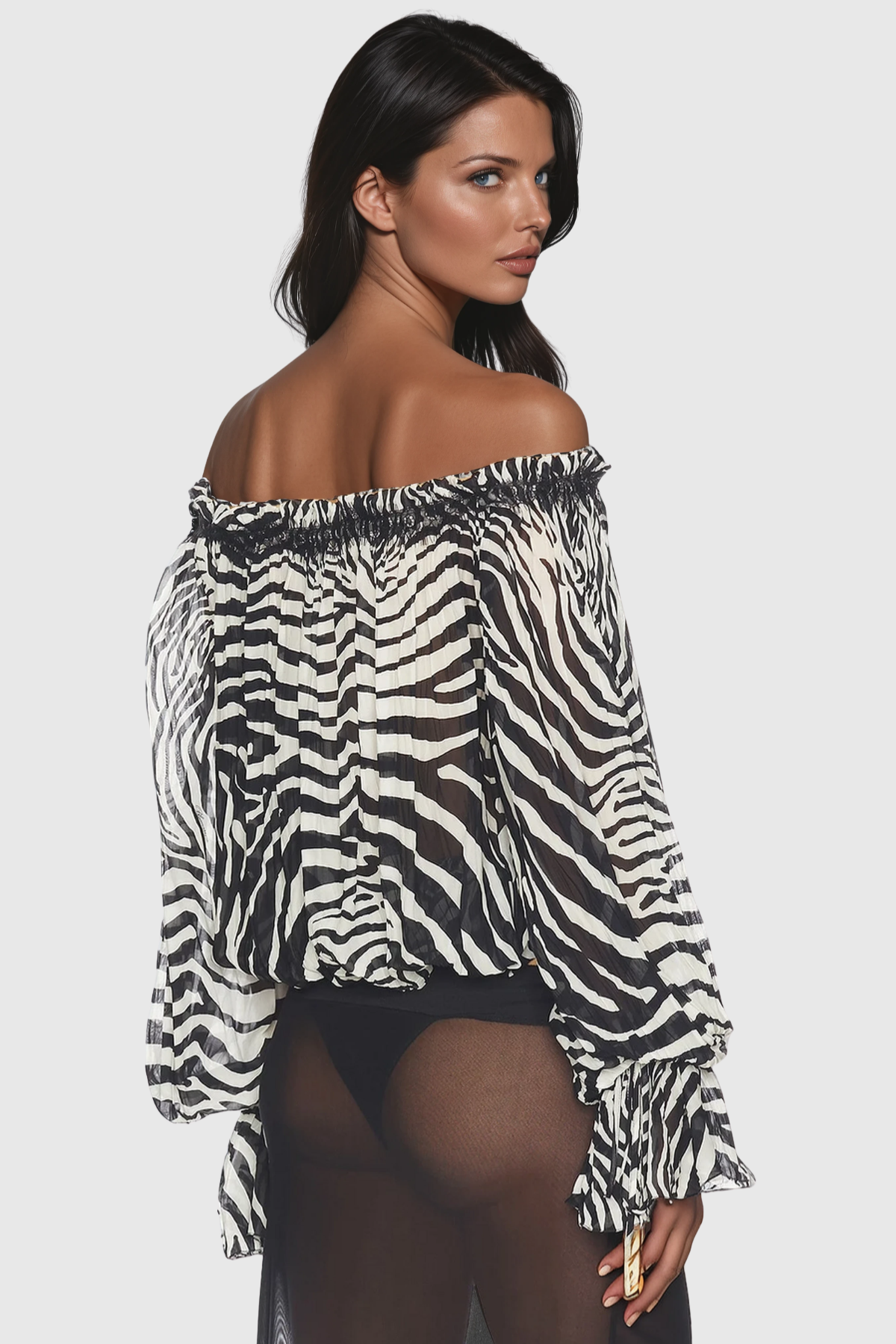Hacint Zebra Off Shoulder Lace-trim Top - White