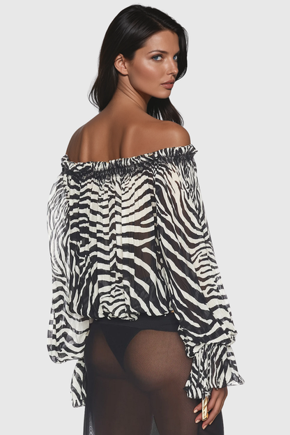 Hacint Zebra Off Shoulder Lace-trim Top - White