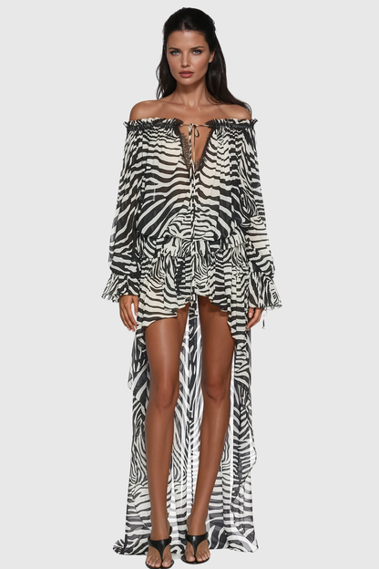 Hacint Zebra Off Shoulder Lace-trim Top - White