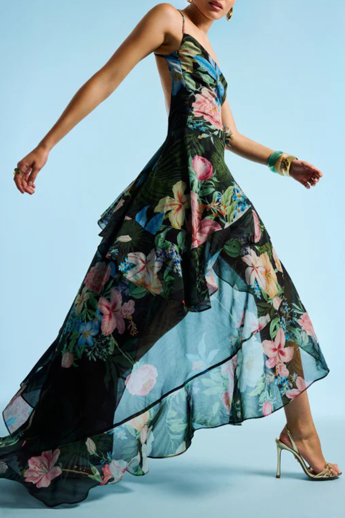 Hagara Foral Ruffle Chiffon Midi Dress