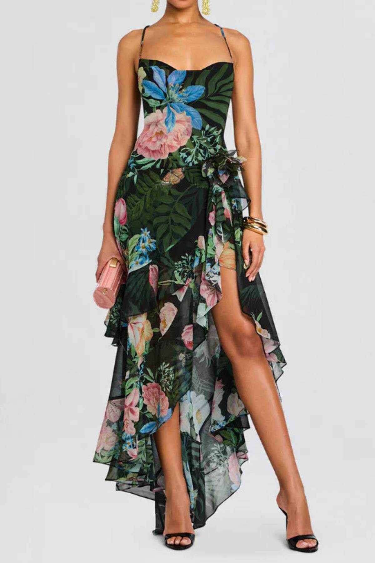 Hagara Foral Ruffle Chiffon Midi Dress