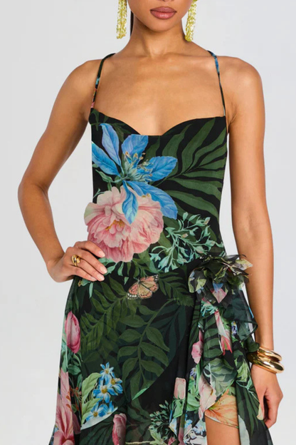 Hagara Foral Ruffle Chiffon Midi Dress