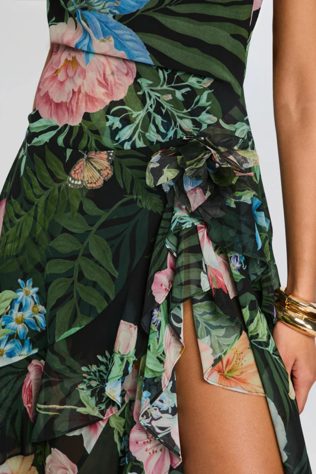Hagara Foral Ruffle Chiffon Midi Dress