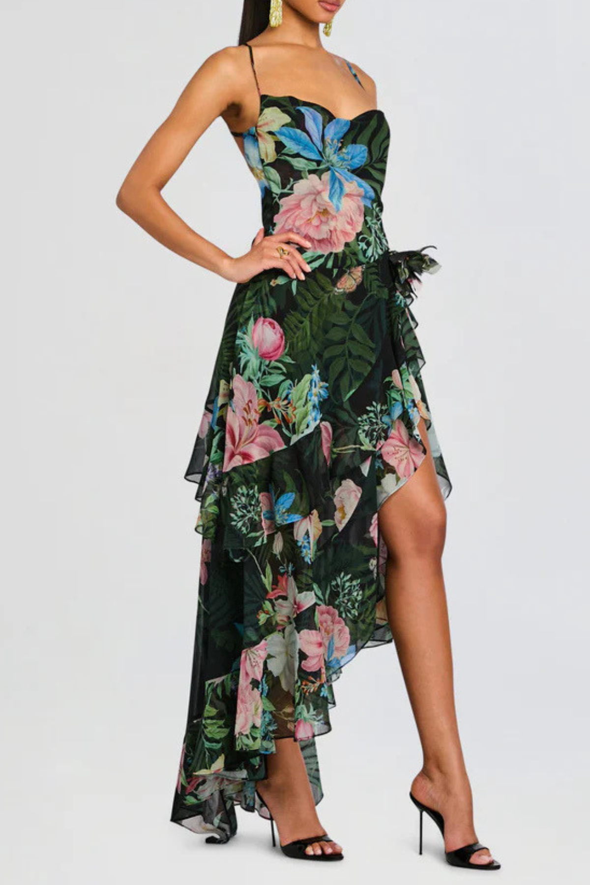 Hagara Foral Ruffle Chiffon Midi Dress