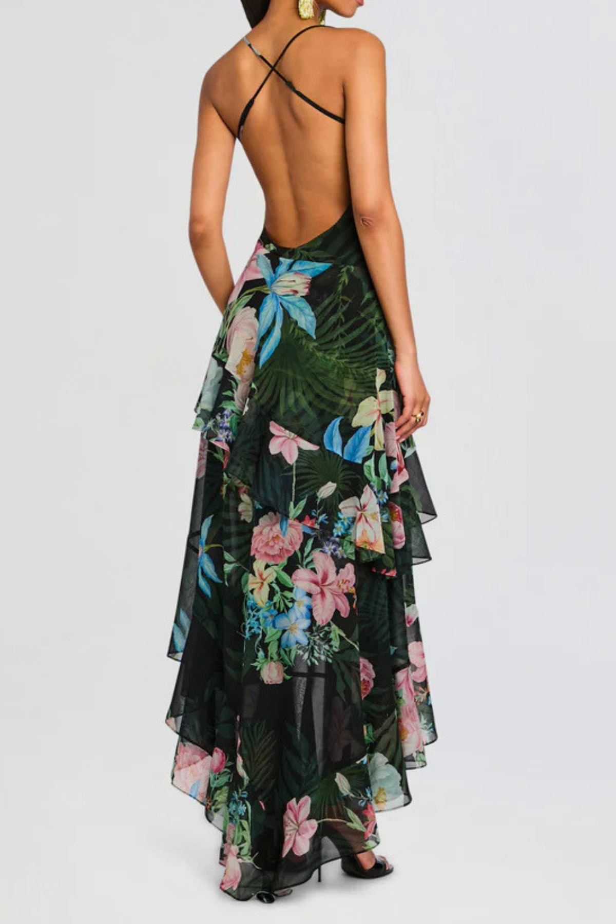 Hagara Foral Ruffle Chiffon Midi Dress