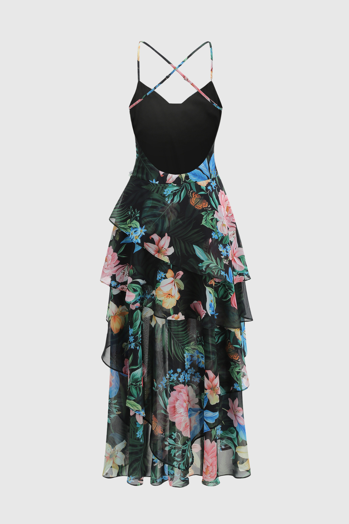 Hagara Foral Ruffle Chiffon Midi Dress