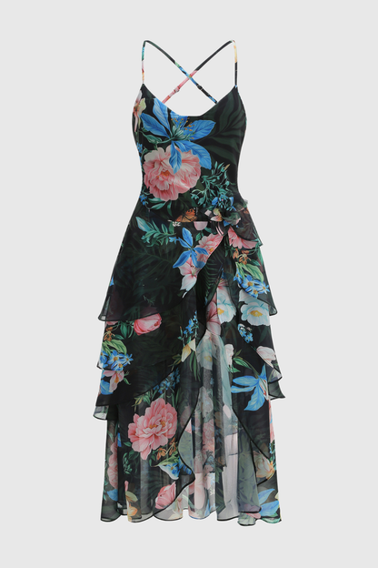 Hagara Foral Ruffle Chiffon Midi Dress