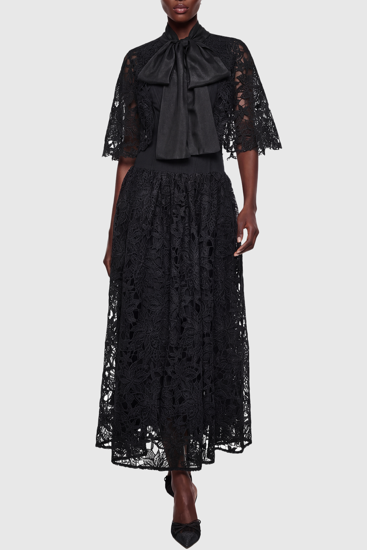 Hakeo Floral Lace Bow-Tie Maxi Dress - Black
