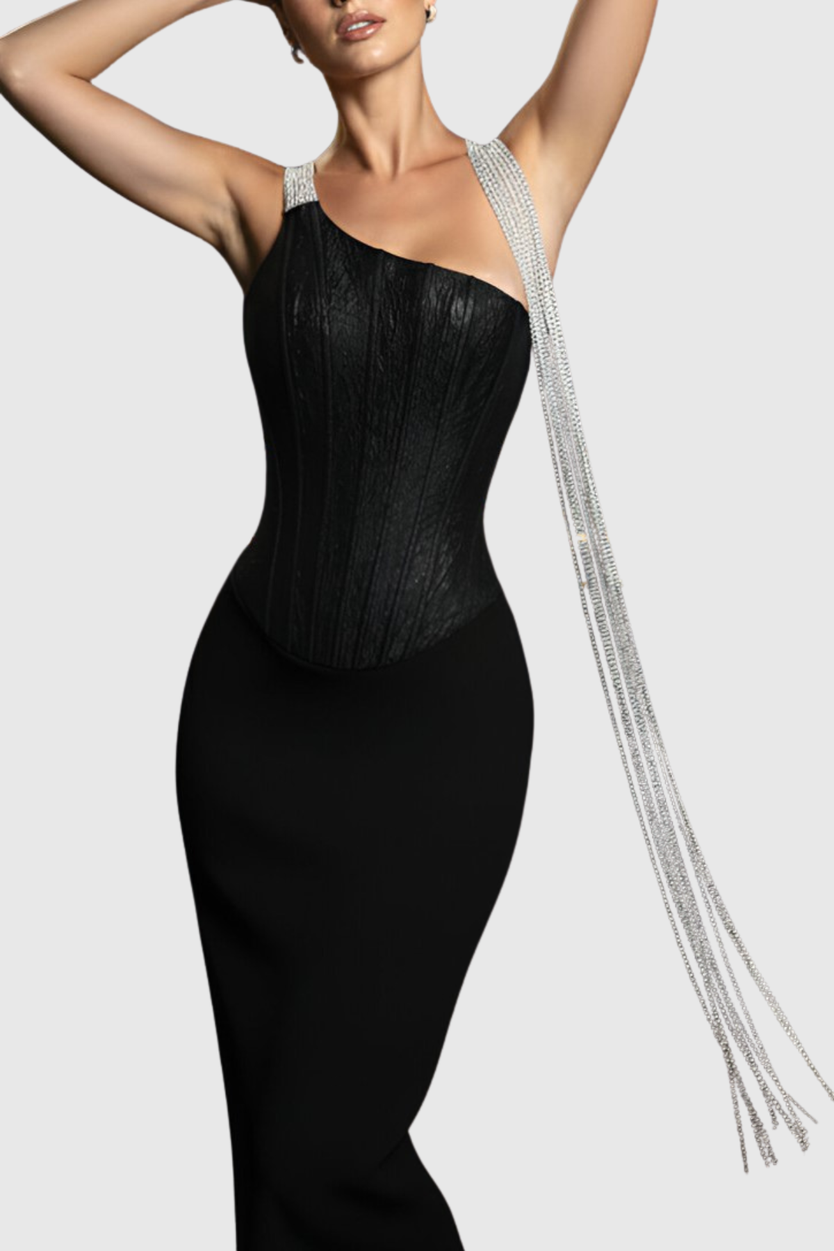 Halima Halter Crystal Fringe Maxi Bandage Dress