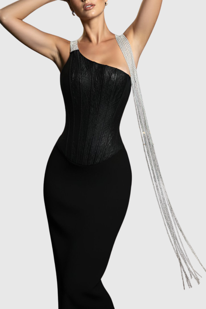 Halima Halter Crystal Fringe Maxi Bandage Dress