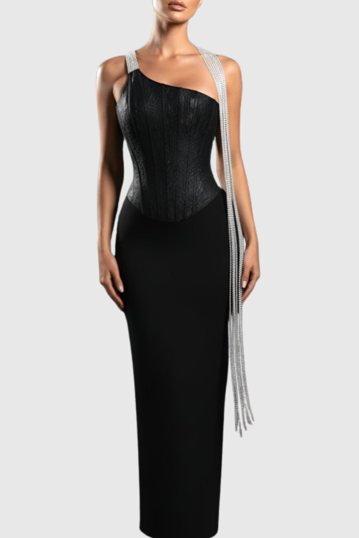 Halima Halter Crystal Fringe Maxi Bandage Dress