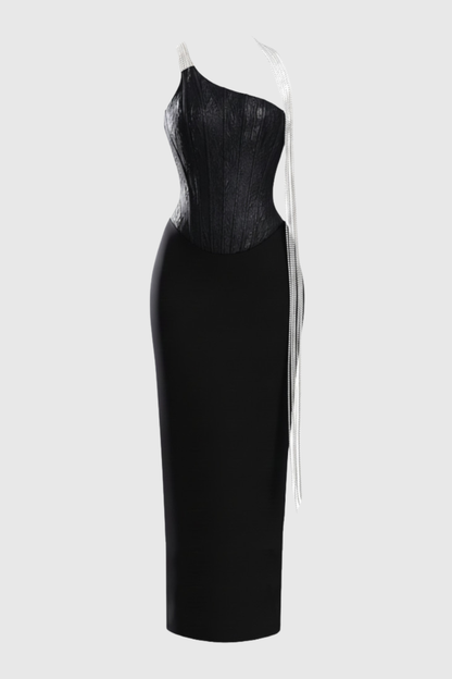 Halima Halter Crystal Fringe Maxi Bandage Dress