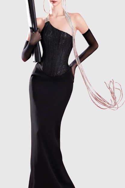 Halima Halter Crystal Fringe Maxi Bandage Dress