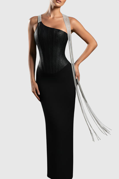Halima Halter Crystal Fringe Maxi Bandage Dress