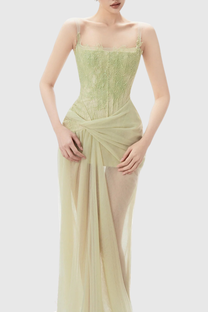 Hallra Lace Ruched Split Maxi Dress