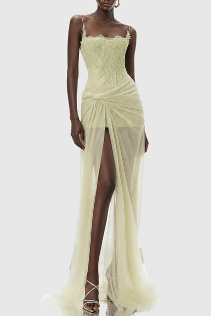 Hallra Lace Ruched Split Maxi Dress