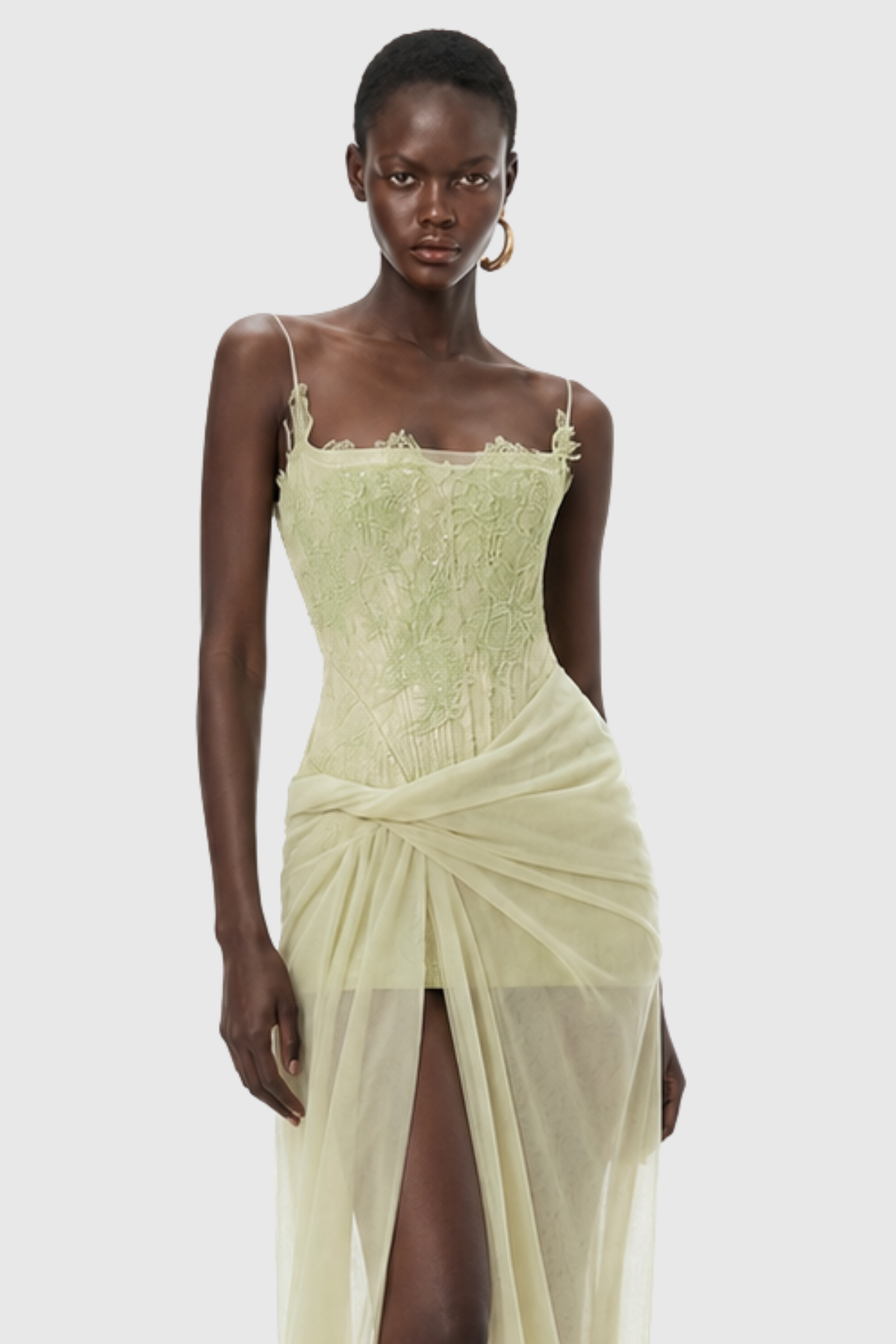 Hallra Lace Ruched Split Maxi Dress