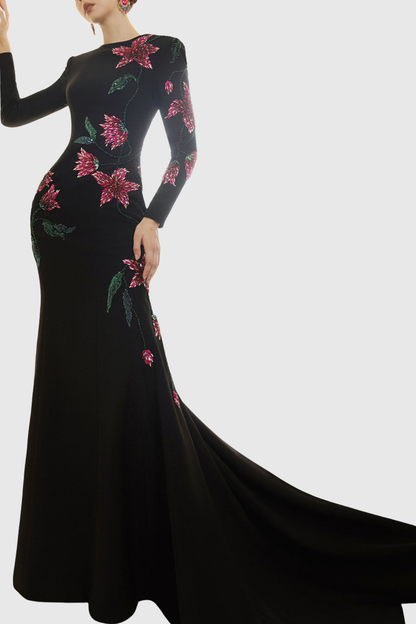 Hamza Floral Crystal Embroidered Mermaid Maxi Dress