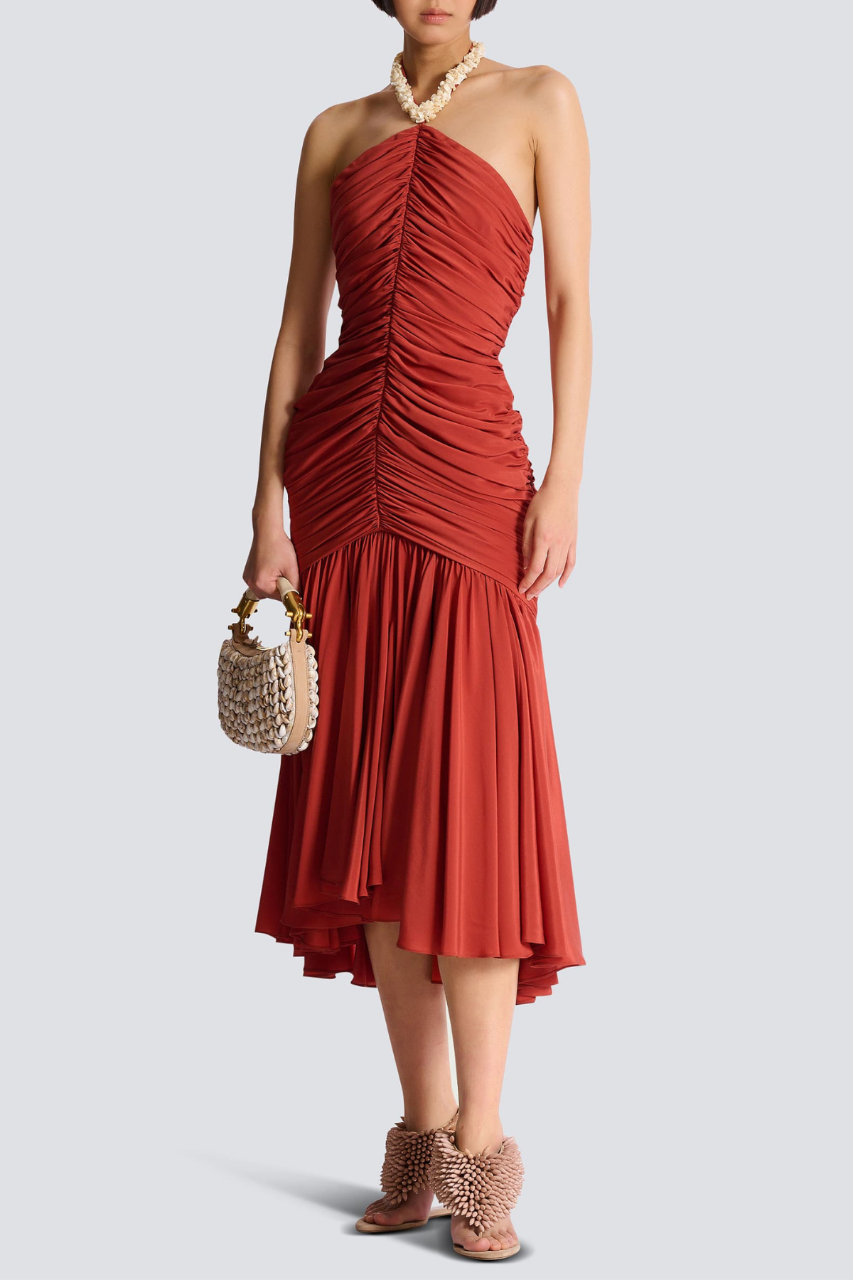 Harlee Shell Halter Ruched Midi Dress