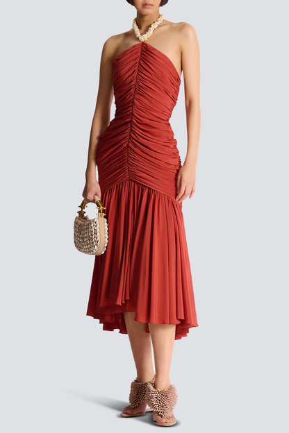 Harlee Shell Halter Ruched Midi Dress