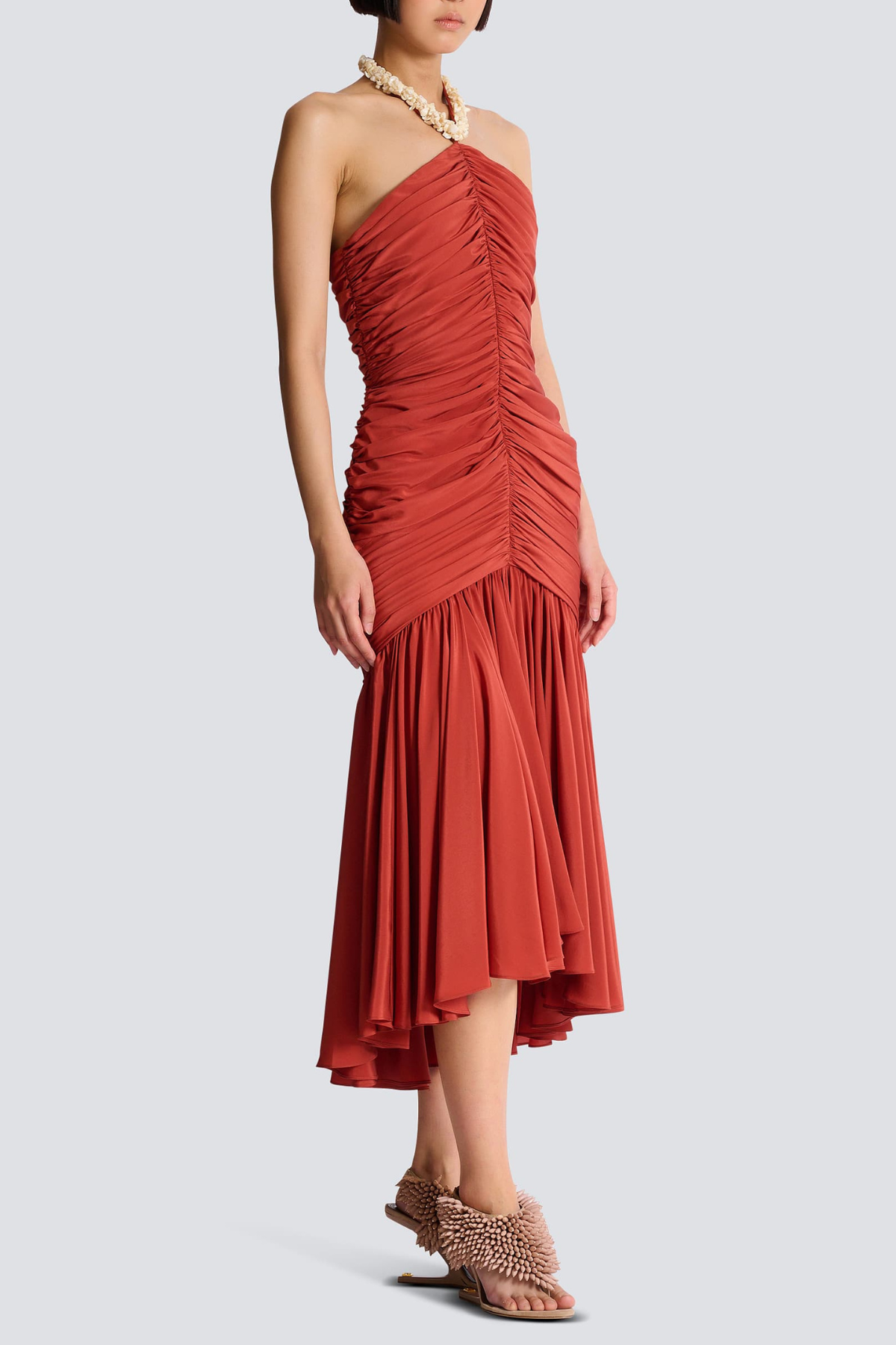 Harlee Shell Halter Ruched Midi Dress
