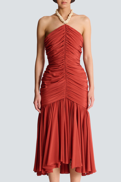 Harlee Shell Halter Ruched Midi Dress