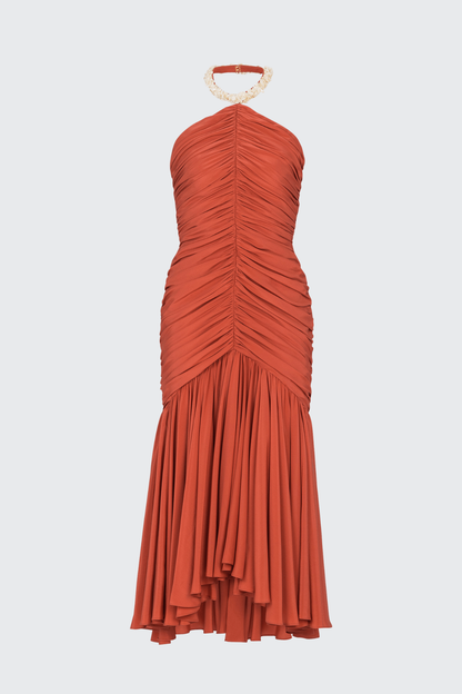 Harlee Shell Halter Ruched Midi Dress