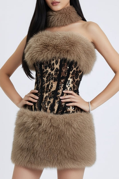 Hatha Faux Fur Leopard Sequin Mini Dress