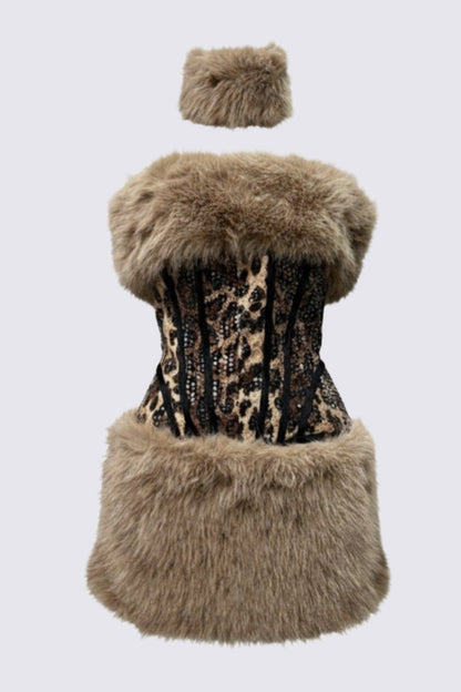 Hatha Faux Fur Leopard Sequin Mini Dress