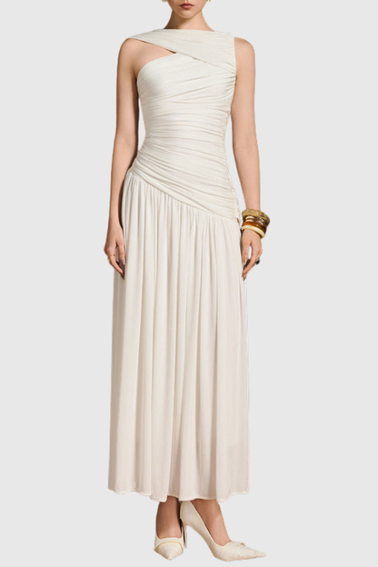 Haxley Asymmetric Ruched Maxi Dress - White